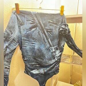 Fashion Nova Blue Denim-Style Bodysuit